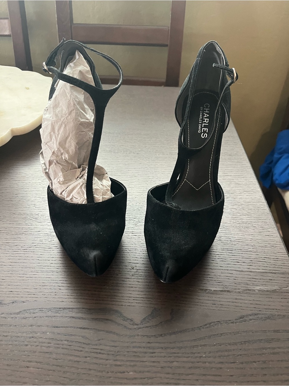 Charles by Charles David Black Suede T‑Strap Pointed Toe Heels